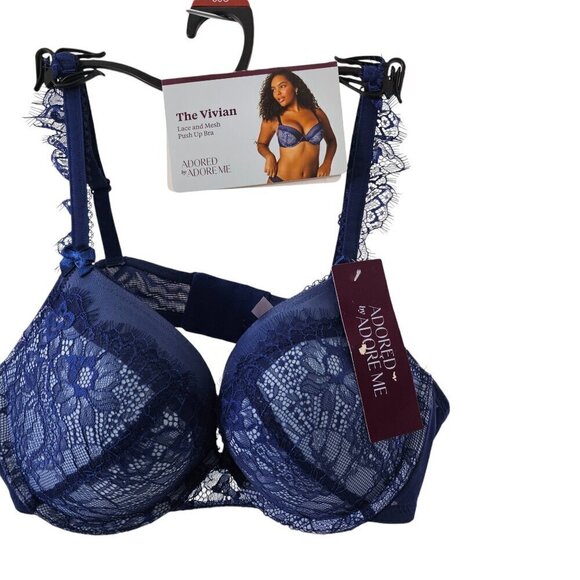 Adore Me Woman’s Blue Vivian Lace Mesh Push Up Underwire Bra – Size 38C NWT - Picture 9 of 15